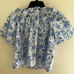 Crown & Ivy Floral Off-Shoulder Top - Blue and White